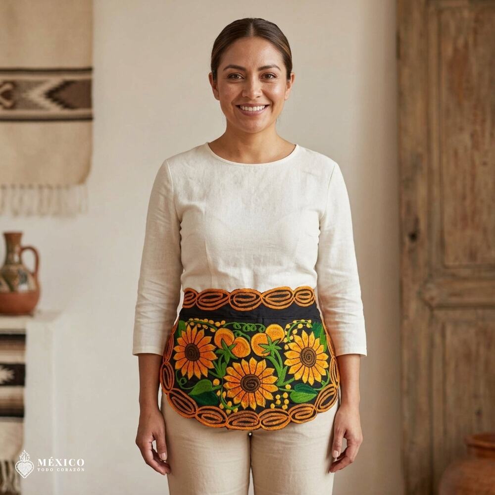 Mexican Embroidered Waist Apron – Floral Pocket Design, Traditional Tie Apron